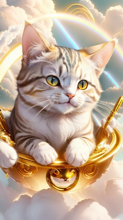 god々Cute cat１animal、The rainbow aura of a beckoning cat,Looking into the camera、Look at this、Background gold、Floating in the clouds