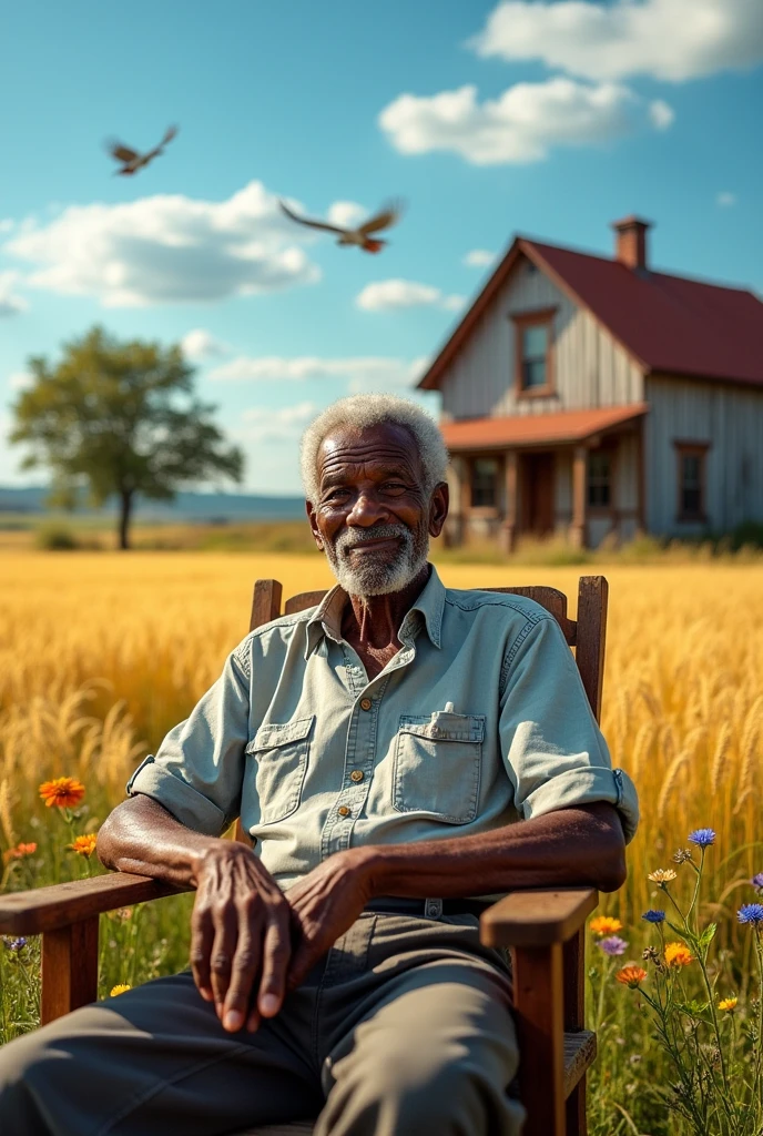 An 80 year old black man sitting on a chair in front of a farm house 