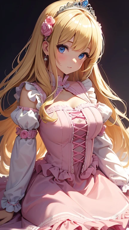 best quality, super fine, 16k, incredibly absurdres, extremely detailed, beautiful cute woman, shy, big shining eyes, blonde two-sided princess hairstyle, and a princess-like pink frilly long flared skirt dress, simple color background