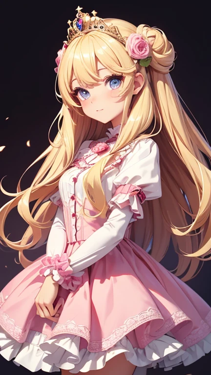 best quality, super fine, 16k, incredibly absurdres, extremely detailed, beautiful cute woman, shy, big shining eyes, blonde two-sided princess hairstyle, and a princess-like pink frilly long flared skirt dress, simple color background
