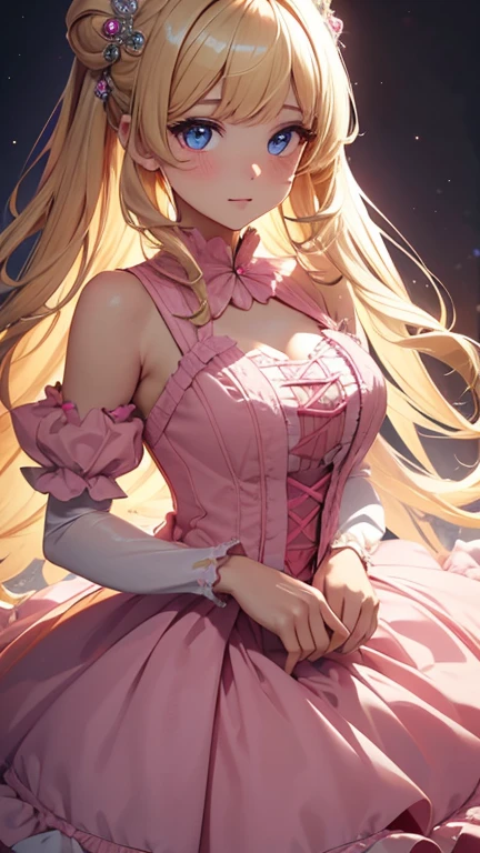 best quality, super fine, 16k, incredibly absurdres, extremely detailed, beautiful cute woman, shy, big shining eyes, blonde two-sided princess hairstyle, and a princess-like pink frilly long flared skirt dress, simple color background