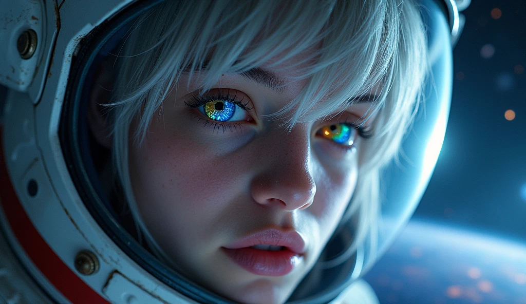 (Close-up of a better masterpiece:1.5)0.9], (Space and astronauts:1.2) (Messy silver hair:1.1) (Heterochromia xanthochromia and blue eyes:1.2) (Space Helmet:1.0) (Colored stars in the eyes:1.0) (A radiant glow:1.1) (thick lips:0.9)