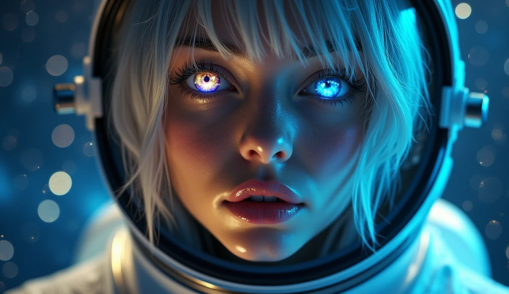 (Close-up of a better masterpiece:1.5)0.9], (Space and astronauts:1.2) (Messy silver hair:1.1) (Heterochromia xanthochromia and blue eyes:1.2) (Space Helmet:1.0) (Colored stars in the eyes:1.0) (A radiant glow:1.1) (thick lips:0.9)