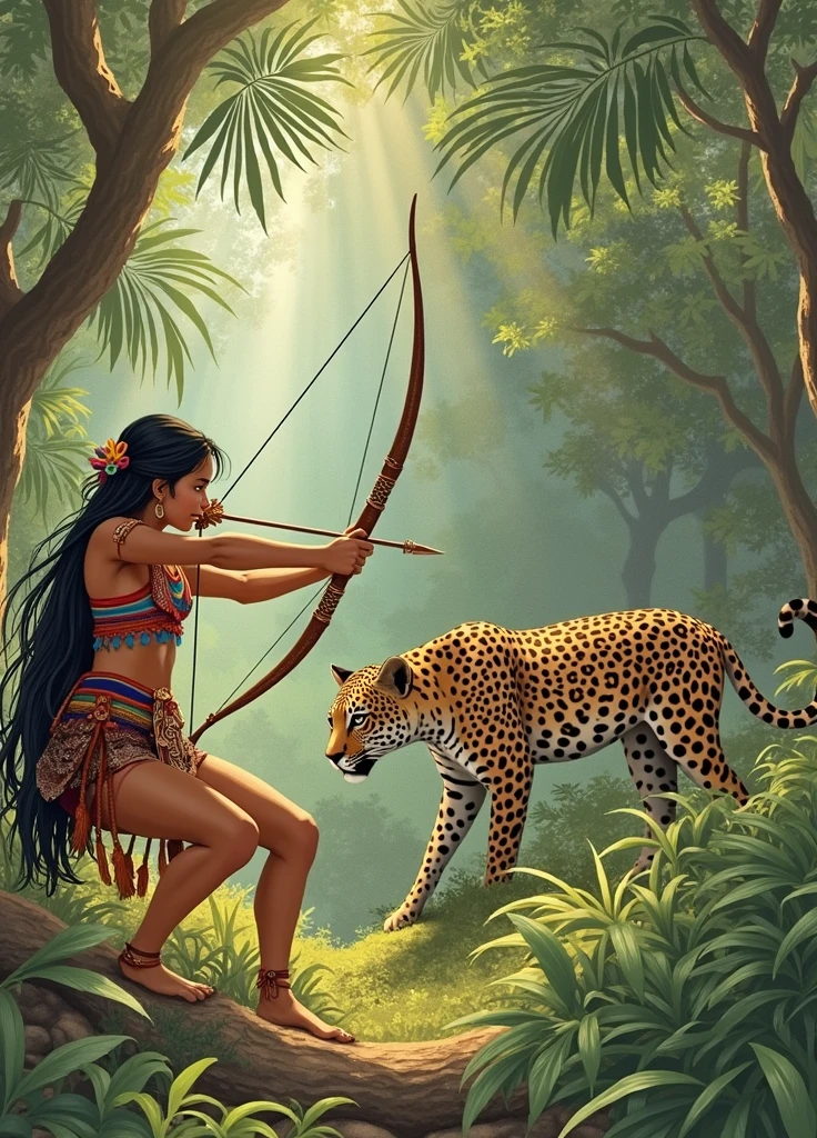 Indigenous girl with black hair, Female car, hunting with bow and arrow crouching facing forward near a jaguar 