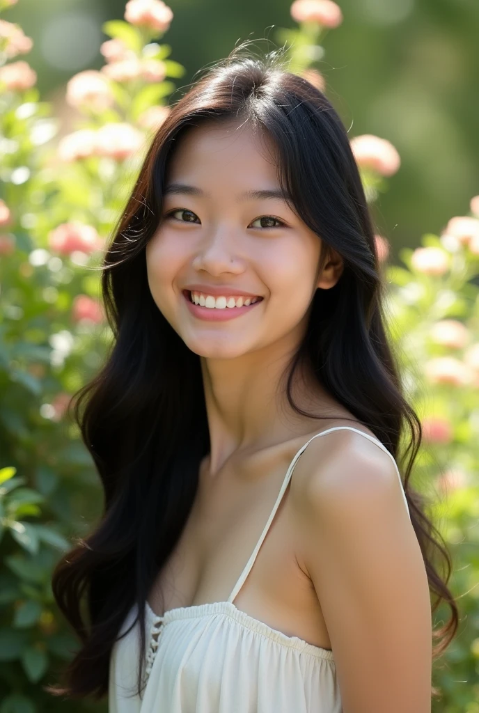 (8k, RAW Photos, Best Quality, High resolution: 1.1), (Ultra realist: 1.4), (realist, photorealistic: 1.3), young girl, (Malay Pakistani appearance), unclothed, posing like a supermodel in a green garden, 6 p.m., (hoyuelos en la cheek), realist Face, realist Body, realist Skin, side view, absurd, masterpiece, (Beautiful: 1.8), beauties, Alone, Detailed black eyes, innocent eyes, cheek, film grain, long necklace, small earrings, ((black hair, long straight hair rebonding)), cherry lips, looks at the viewer from below, Upper part of the body, open lips, neckline, medium chest, Nipples, Upper teeth, linda smile mostrar los dientes, (smiling eyes: 0.6), (smile: 1.2)), depth of field, blurred background, Eye focus, bokeh, young, spring the 85mm f/2, Soft ambient lighting, Photon mapping, Radiosity, Physically based representation,