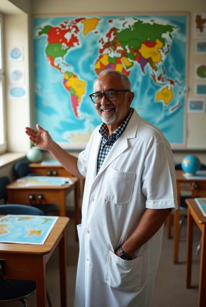 He is a tall, pot-bellied geography teacher around 1,He is a 60-year-old American man with round glasses and light brown skin. He wears a short-sleeved white lab coat, has black hair with a small, short bald spot.