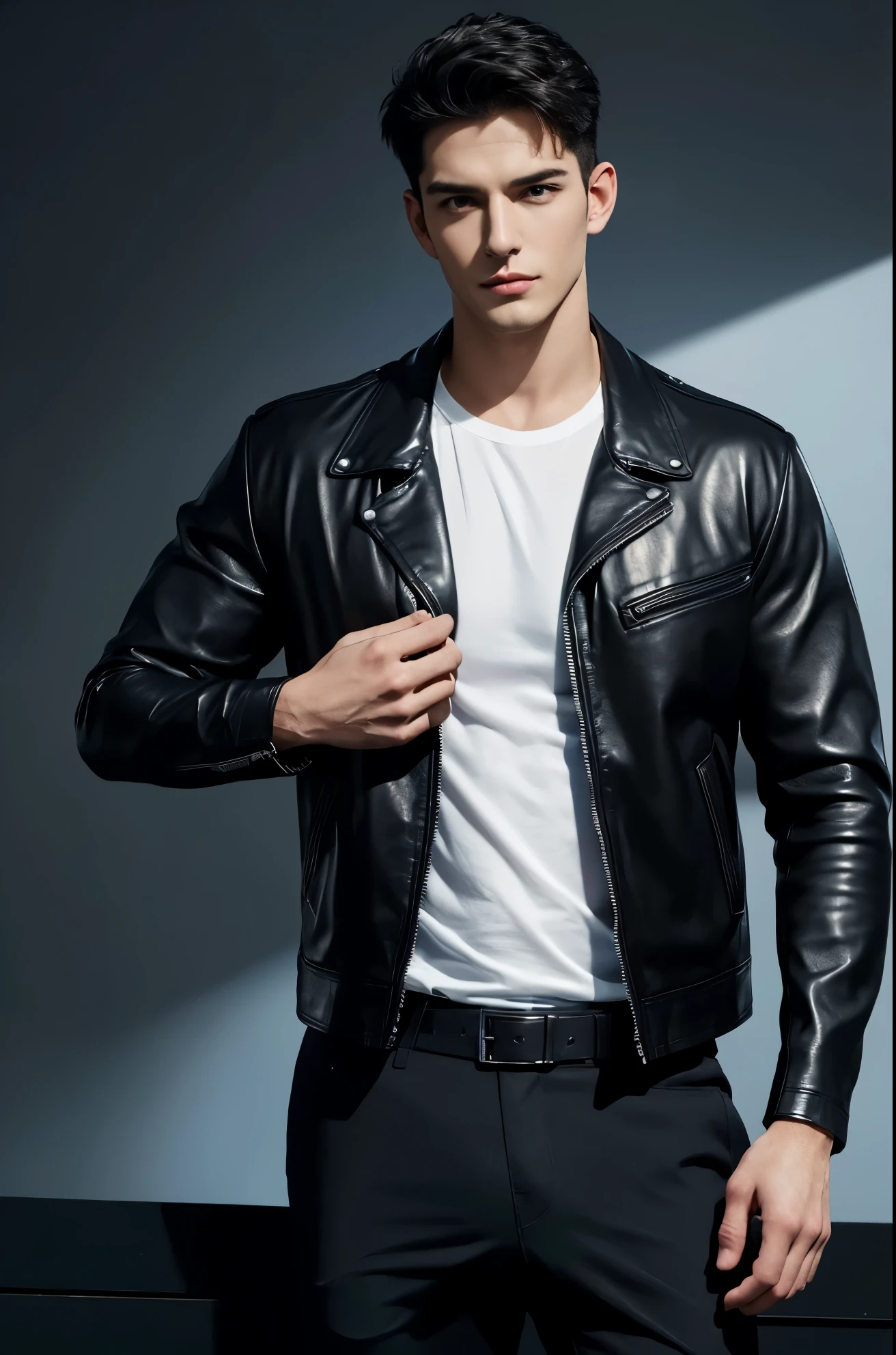 4k, high resolution, best quality, masterpiece, perfect color, perfect shade, perfect lighting, Posted by e621, ((handsome man)), perfect male figure, Short hair details,Detailed face, perfect face, (stood up), Detailed background, ((Bonifasco Lighting)),black hair, wearing black leather jacket, black pants, black leather belt, white shirt,