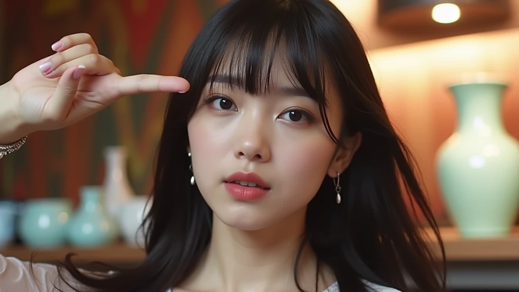 The image is a portrait of a young Asian woman with long dark hair and bangs. She is wearing a white dress with a sheer neckline and long sleeves. She has a pair of silver earrings and a bracelet on her wrist. The woman is standing in front of a colorful background with a vase and other decorative items. Her hands are raised in the air, as if she is making a peace sign with her fingers. She appears to be posing for the camera.