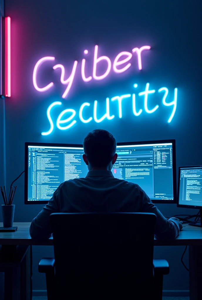 Cyber security analyst infront of computer in dark room with neon lights and behind the person text"Cyber Security". Make a thumbnail 1920*1080 in cinematic 