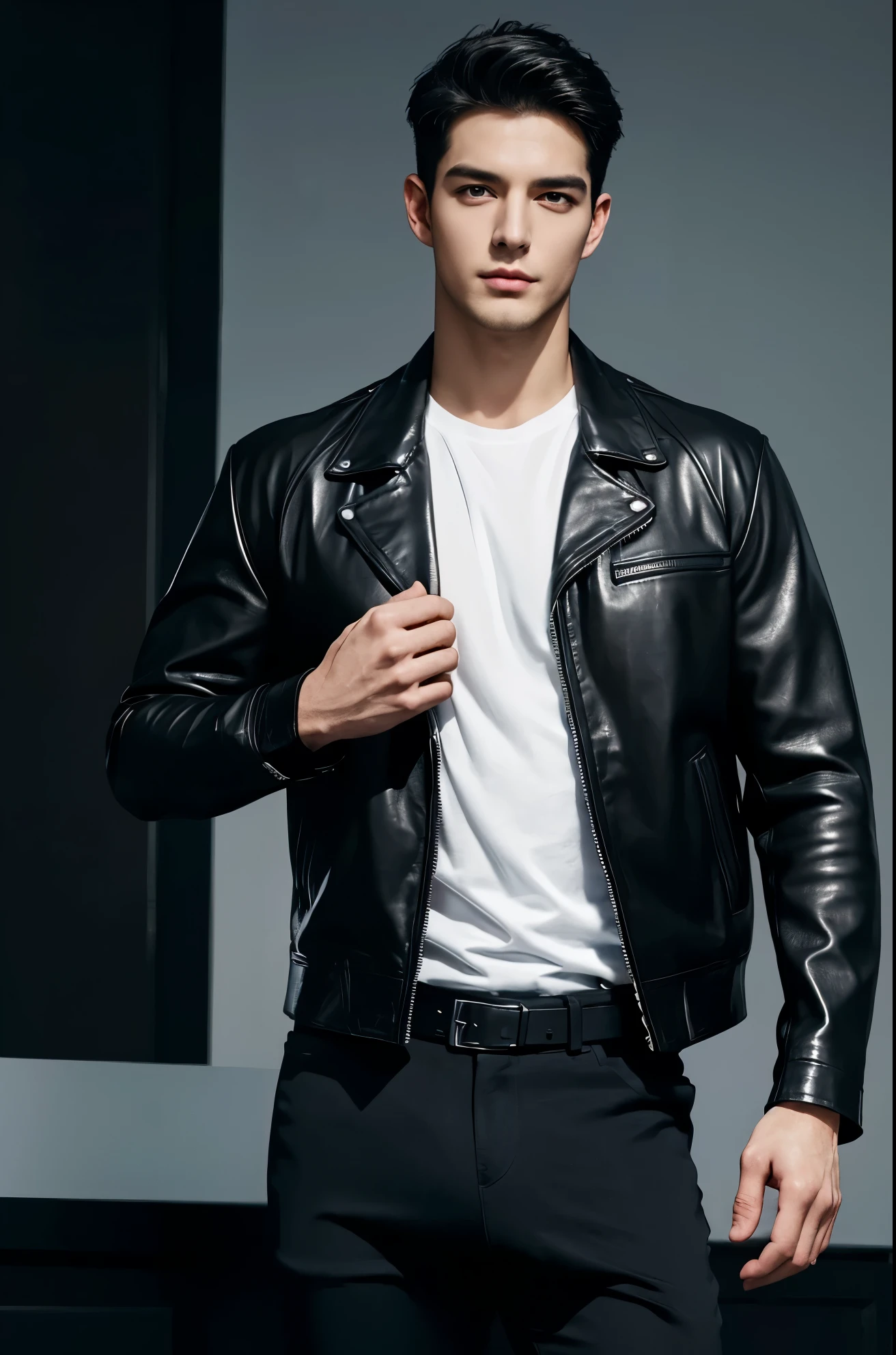 4k, high resolution, best quality, masterpiece, perfect color, perfect shade, perfect lighting, Posted by e621, ((handsome man)), perfect male figure, Short hair details,Detailed face, perfect face, (stood up), Detailed background, ((Bonifasco Lighting)),black hair, wearing black leather jacket, black pants, black leather belt, white shirt,