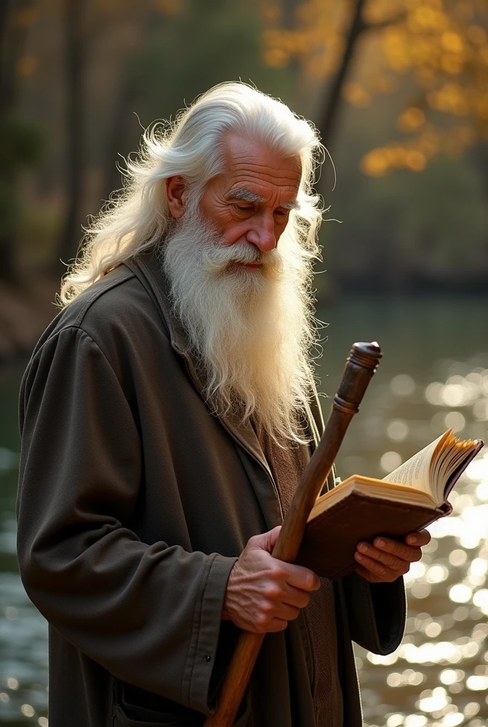 Here is a more detailed and evocative prompt for the AI image generation:
"Striking portrait of a wise, elderly man with a thick, flowing white beard that frames his weathered yet dignified face. He stands calmly behind a gently flowing river, the current casting shimmering reflections on the water's surface. In his gnarled hands, he holds a worn leather-bound book and a sturdy wooden walking stick, symbols of the knowledge and experience he has accumulated over his long life.
The man's eyes are cast downward, radiating an aura of contemplation and inner peace. His expression is serene, suggesting a lifetime spent in quiet contemplation of the natural world around him. The scene is bathed in warm, golden light, creating a sense of timelessness and tranquility.
The image should be exceptionally detailed and photorealistic, captured in stunning 4K resolution. Every wrinkle, every strand of hair, and every reflection in the river should be rendered with the utmost care and precision, transporting the viewer into this peaceful, meditative moment."
This expanded prompt provides more vivid and evocative descriptions to guide the AI in creating a truly striking, high-quality portrait. The additional details about the man's weathered appearance, his contemplative expression, and the serene natural setting should result in a visually compelling and emotionally resonant image. Friendly and kind personality