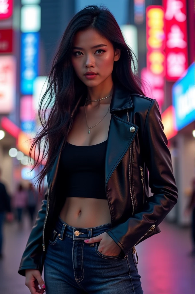 (full body shot:1), photorealistic image of a woman, ultrarealistic, photography, straight long black hair, asian woman, beautiful cute sexy asian 20 years old woman, hourglass figure, perfect body, Flirty look, natural big breasts, long eyelashes, cat eye make-up, double eyelids, sexy pose, erotic pose, seductive pose, big breasts, big , she wears a sexy top, jacket, shorts, city, tall buildings, streets , cute shoes,