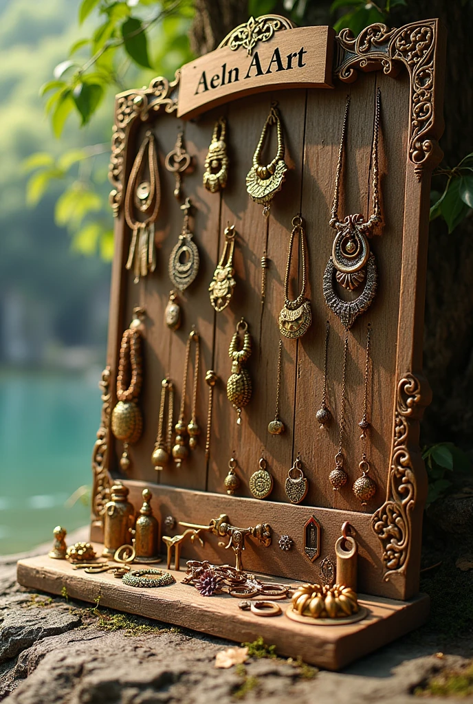 Grand Stand de bijoux fait mains en laiton avec un panneau ecrit " AelinArt" . Photo paysage
