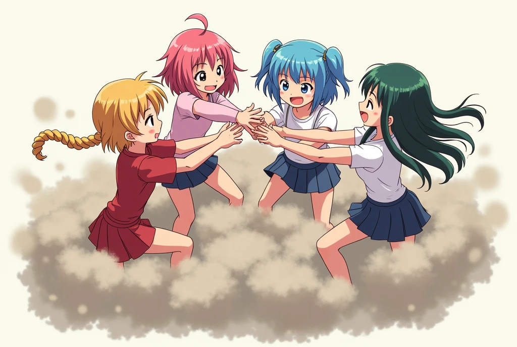 An anime-style illustration depicting four girls and adult woman playfully wrestling with each other inside a light gray comical fight cloud (dust cloud).
each girl has different colored hair: one with blonde braided,another with pink ponytaile,and one with blue bobcuts,and one with green twin tailes and one adult woman with black long hiar.
their faces,hands,and feet are visible emerging from the cloud as they tussle humorously, with the rest of their bodies completely hidden inside the cloud.
the illustration emphasizes the humorous and energetic nature of their scuffle,with a fluffy andexaggerated fight cloud.
