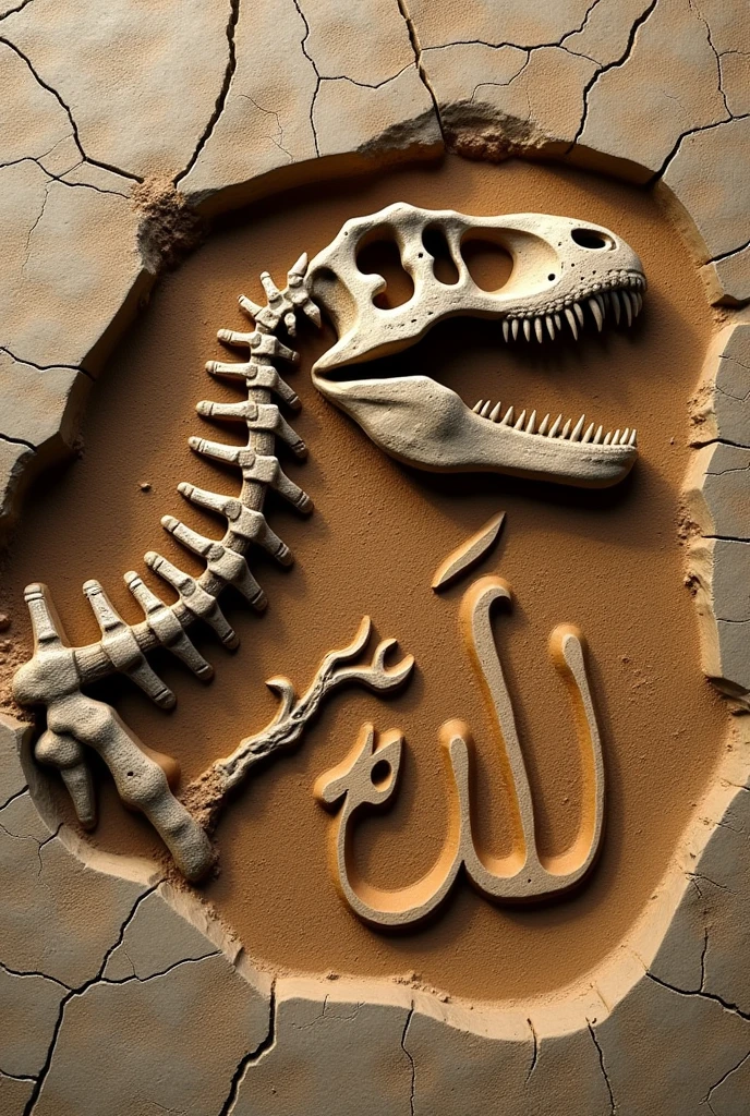 Create an image of a Tyrannosaurus rex fossil. Overlay the fossil with a clear depiction of the Allah symbol, ensuring the symbol is prominently visible on the fossil make bit old like 3b years and make allah symbol as imprint on the fossil mud symbol also in mub color add Allah mark