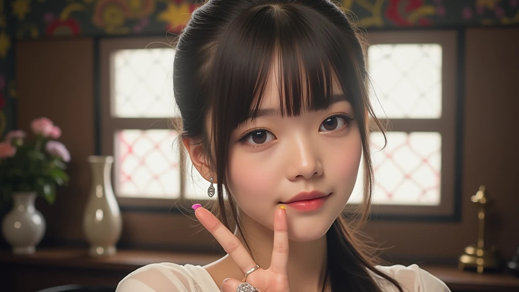 The image is a portrait of a young Asian woman with long dark hair and bangs. She is wearing a white dress with a sheer neckline and long sleeves. She has a pair of silver earrings and a bracelet on her wrist. The woman is standing in front of a colorful background with a vase and other decorative items. Her hands are raised in the air, as if she is making a peace sign with her fingers. She appears to be posing for the camera.