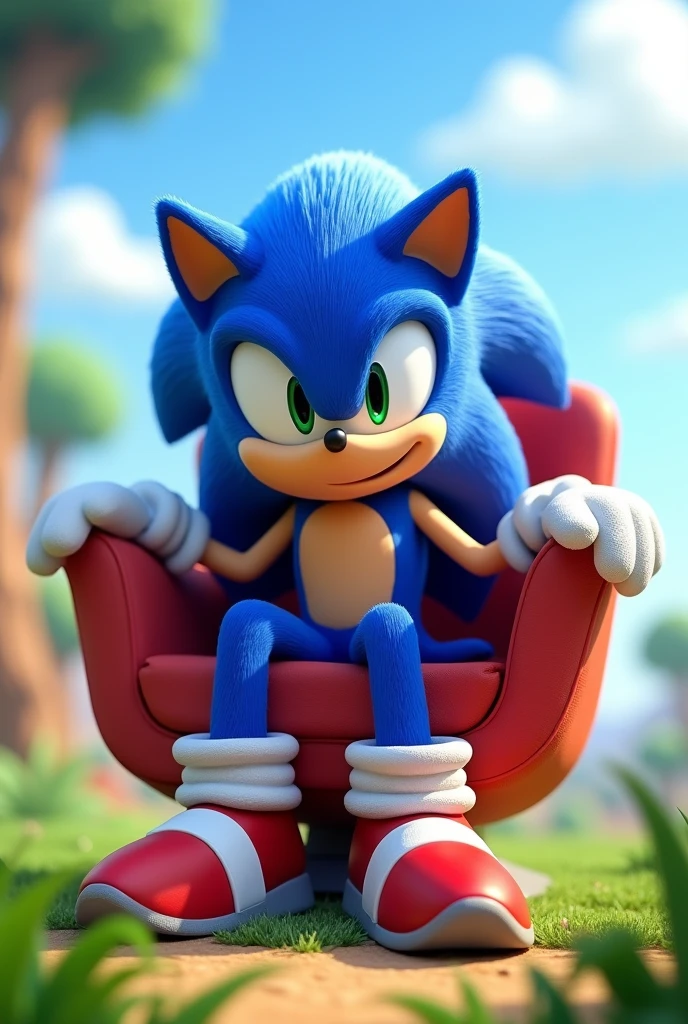 Sonic the hedgehog , solo, looking at viewer, smile, 1boy, full body, sitting on chair, looking at viewer