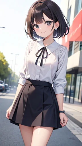 (), (blouse), (skirt),(Casual Fashion) (Park Background),  (smile),whole body,Low Angle,Looking into the camera,front