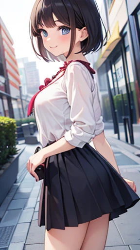 (), (blouse), (skirt),(Casual Fashion) (Park Background), (smile),whole body,Low Angle,Looking into the camera,front