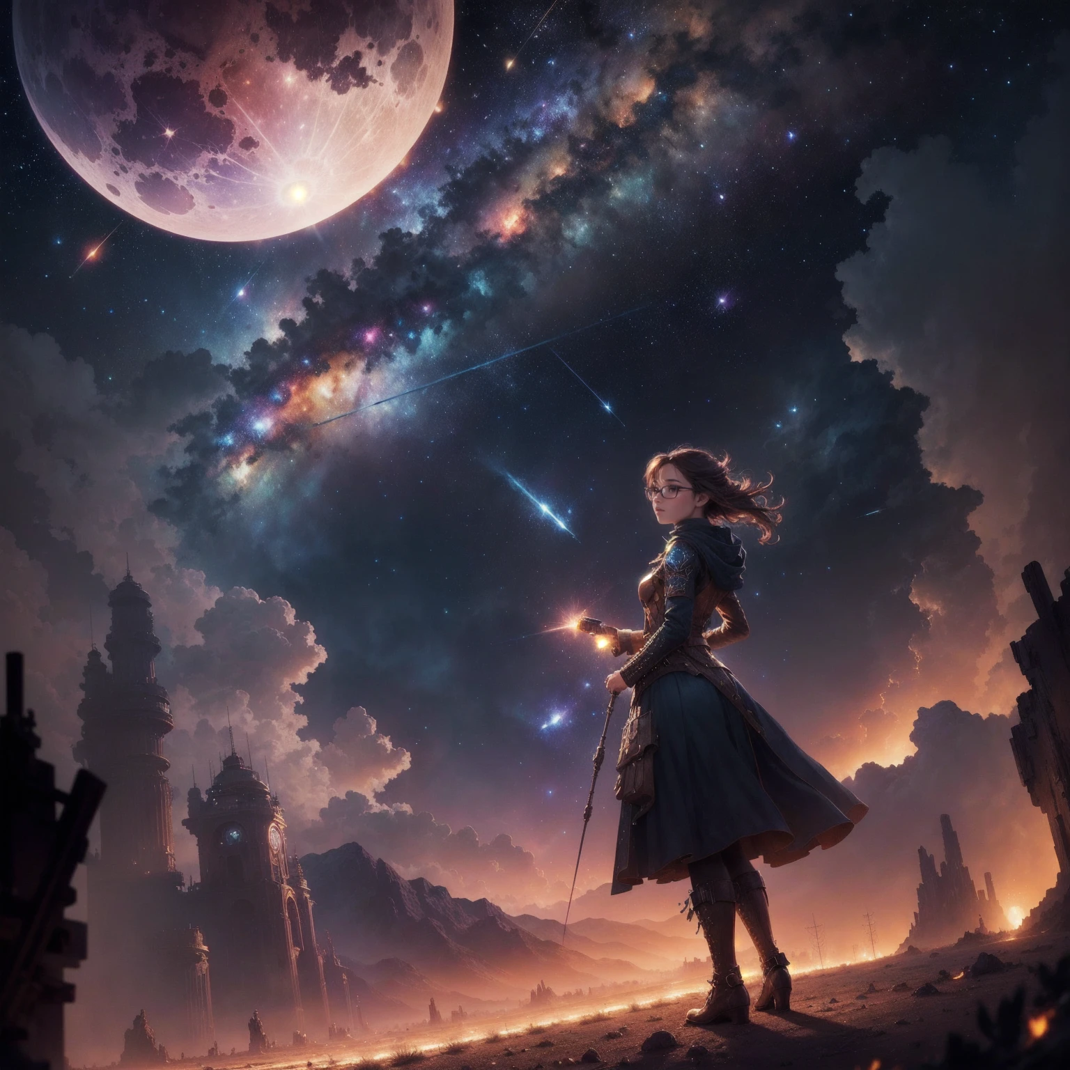 High resolution, vast landscape photography, (bottom view of the sky and wide fields below), girl with glasses standing in the desert looking up, (full moon:1.1), (shooting star:1.2), (nebula:1.3), distant mountains, staging art in tree gaps, (warm light source:1.2), (fireflies:1.2), lamps, lots of reds and blues, intricate details, voluminous light gaps (masterpiece:1.2), (best quality), 4k, very detailed, (dynamic composition:1.4), highly detailed, colorful details, (rainbow:1.2), (glowing lighting, atmospheric lighting), dreamy, steampunk, (solo:1.2)