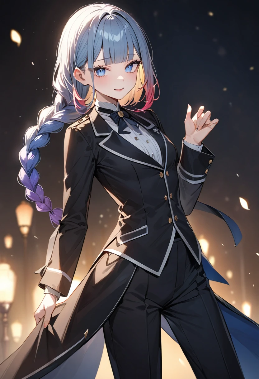 (masterpiece, top quality, very aesthetic, 4k、illustration), intricate detail, 1woman,(Women in men's clothing)、solo,contrapposto 、Monocle、(gradient eyes、tareme)、Strong glowing eyes、blunt bangs,Fair skin,(cowboy shot)、Cool women、clear face、(Blue lipstick),beautiful face、(gradient hair)、(short single braid)、multicolored hair,sidelock ,blue eyes、Butler's uniform、Pants Style、small breasts、slender 、