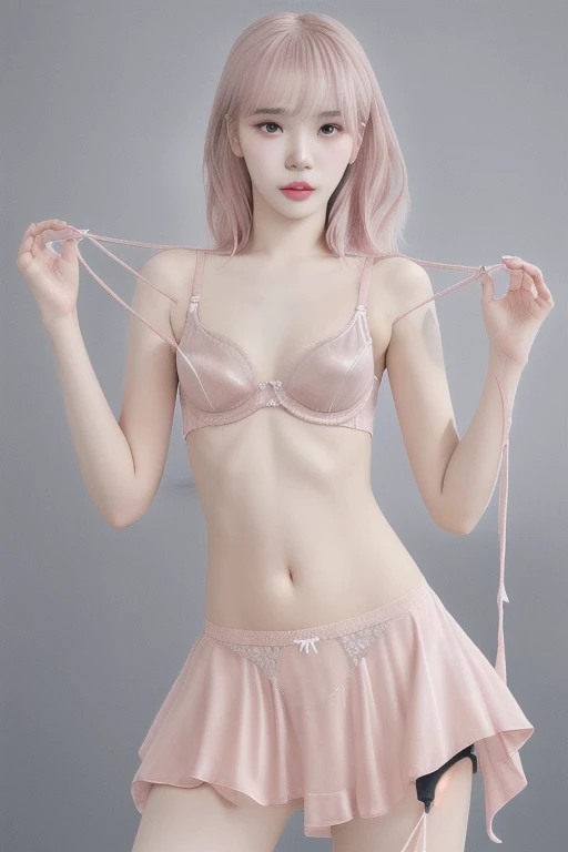 pink silver haired girl, long hair wearing a pale pink dress, fine details,girls frontline, artwork in the style of guweiz, trending on cgstation, from girls frontline, Guweiz, ig model,artgerm, trending at cgstation, by Yang J,photorealistic anime girl render,Slim figure,Are thin,Flat Chest,Small Bust,Small waist,Slim legs and thighs,(Beautiful nipples),(Flat Chest),(Small Ass),(Thin string underwear),Pale pink underwear, vivid colors,Maximum number of pixels,photo quality images,Kim Chaewon of Le Sserafim herself,(((Flat Chest))),(Slender full-body silhouette),(Beautiful nipples),Increase the saturation,