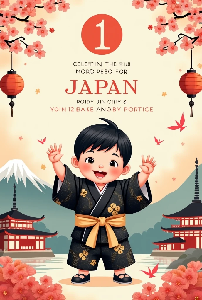Create a  1st birthdayion image, whose theme is about Japan, put things that refer to Japan. In the invitation, Draw a picture of a Japanese baby with black,aight hair wearing a beautiful black and beige Kimono., put him wearing a little black shoe. Put a nice phrase about celebrating his first year of life, local, Party time and date
Place 5 fingers on each hand 