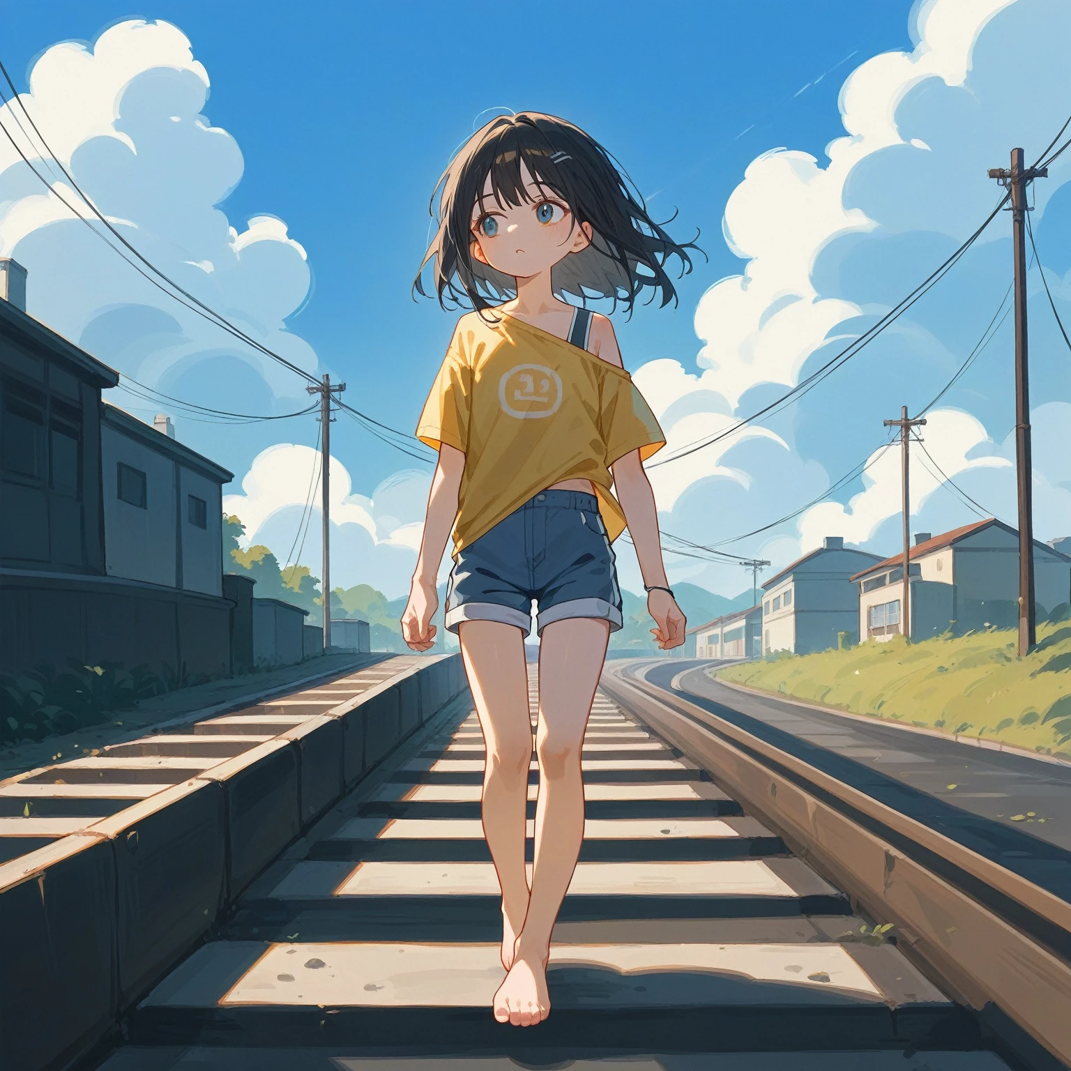 score_9, score_8_up, score_7_up, score_6_up, score_5_up, score_4_up, masterpiece, best quality, source_アニメ,2d、flat、1girl, 12yo、black hair,longhair is short-sleeved、Shorts、 Look to the side、blue sky、Old railway、electric wire、barefoot