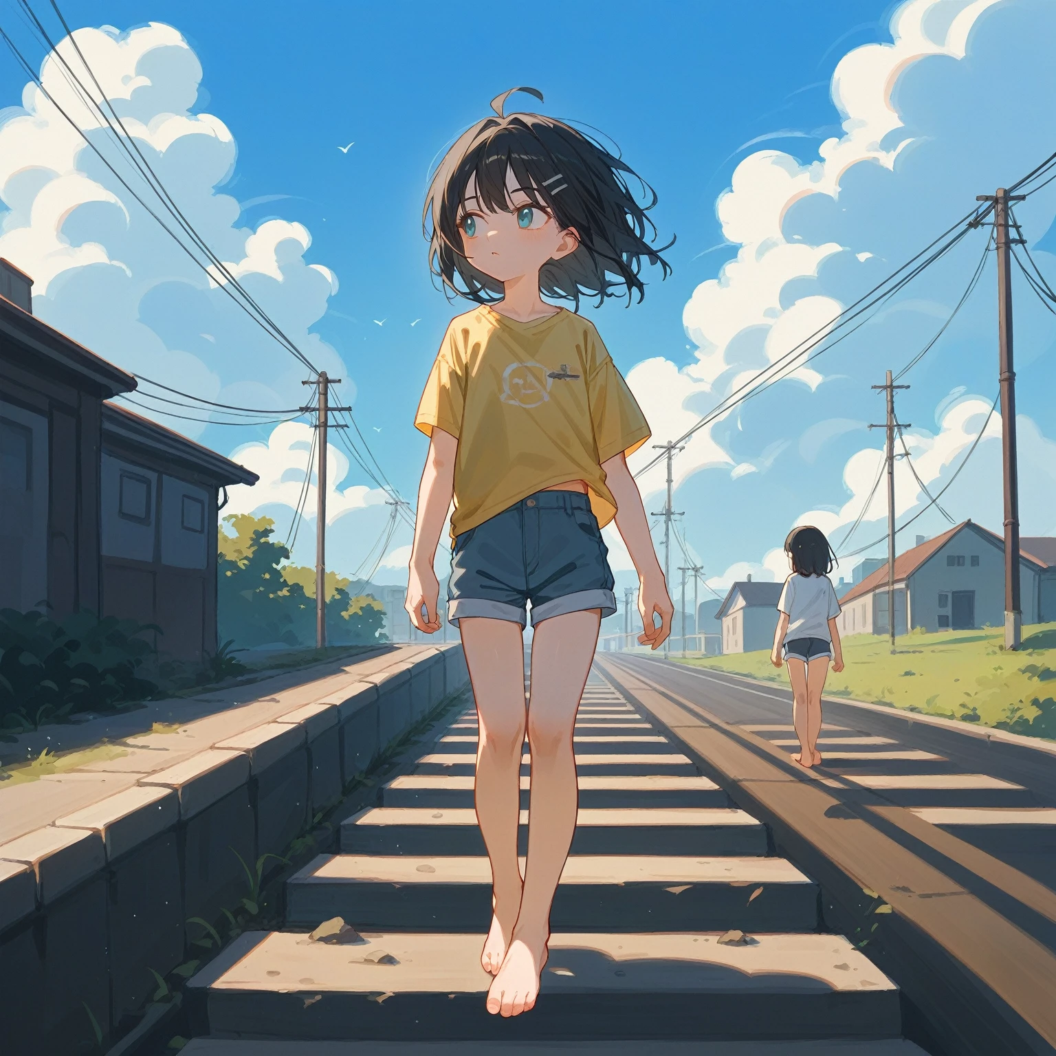 score_9, score_8_up, score_7_up, score_6_up, score_5_up, score_4_up, masterpiece, best quality, source_アニメ,2d、flat、1girl, 12yo、black hair,longhair is short-sleeved、Shorts、 Look to the side、blue sky、Old railway、electric wire、barefoot