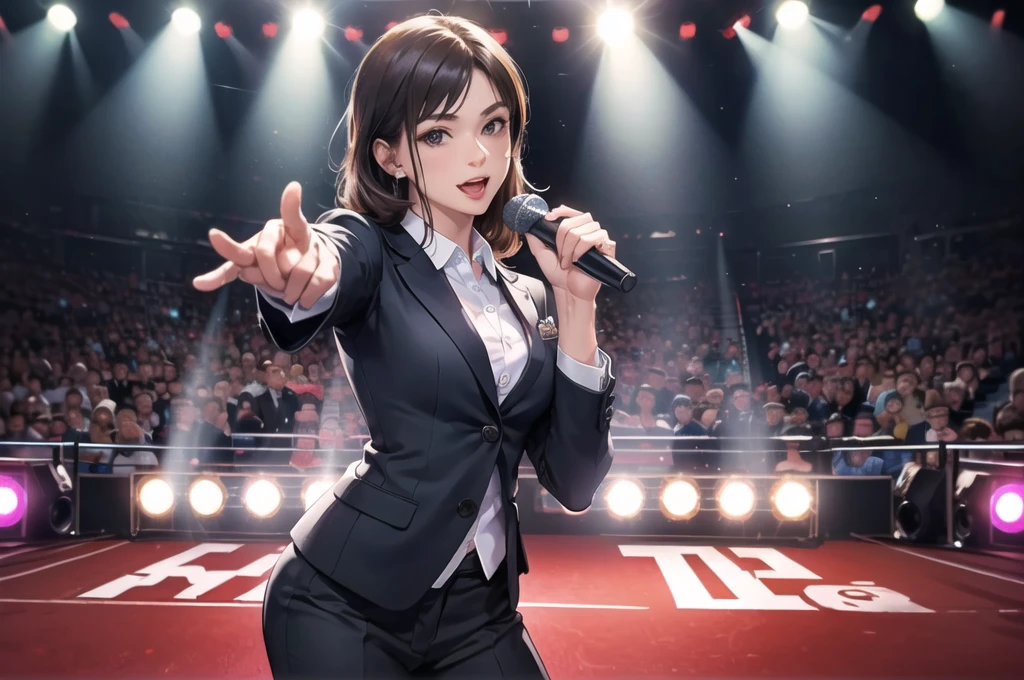 On the boxing ring, (Many viewers:1.3) , (A female presenter wearing a suit, holding a microphone on stage.:1.3) ,