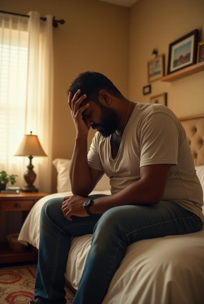 Lazy, Large size, man, shaved face,sri lankan,sitting on bed,nice room, thinking what he should gift his girlfriend for her birthday tomorrow, panic, sad, thniking serious pose,hand on his head