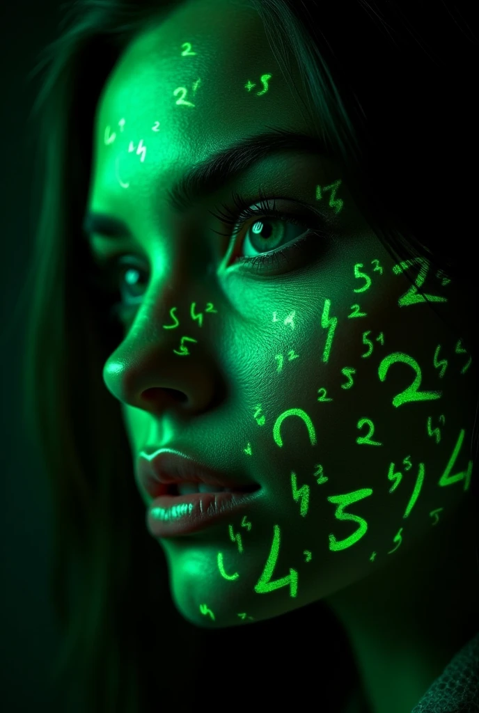 Close up of woman's face, Glowing green holographic equation projected onto skin. Strong gaze, Realistic features. Dark background, Cyberpunk aesthetics. Glowing math formulas, Handwriting style. Futuristic, High-tech atmosphere. Photorealistic rendering, Dramatic Lighting, In sharp contrast