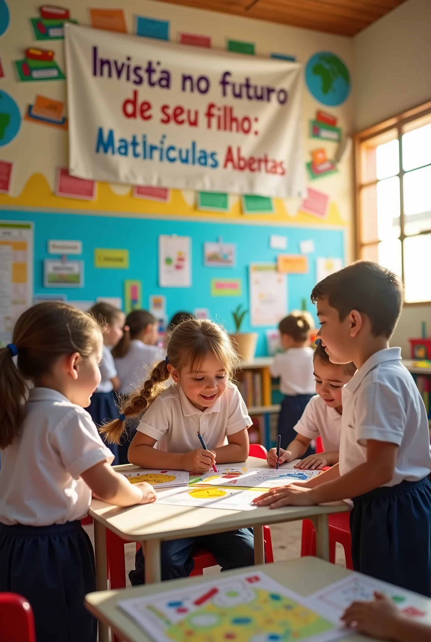 Create an inspiring and engaging image that conveys the idea of investing in children's futures. The image should represent a welcoming and positive educational environment. Include a vibrant classroom environment where 6--olds actively engaged in educational activities such as reading, science, or art. Add elements that suggest growth and the future, like books, globes, and progress charts. The text “Invista no futuro do seu filho: Matrículas Abertas” should be prominently displayed, perhaps on a banner or poster, in a friendly, attractive font. Use vibrant colors and an upbeat atmosphere to convey a sense of excitement and opportunity. Children need to be in school uniform with a white t-shirt and navy blue pants.