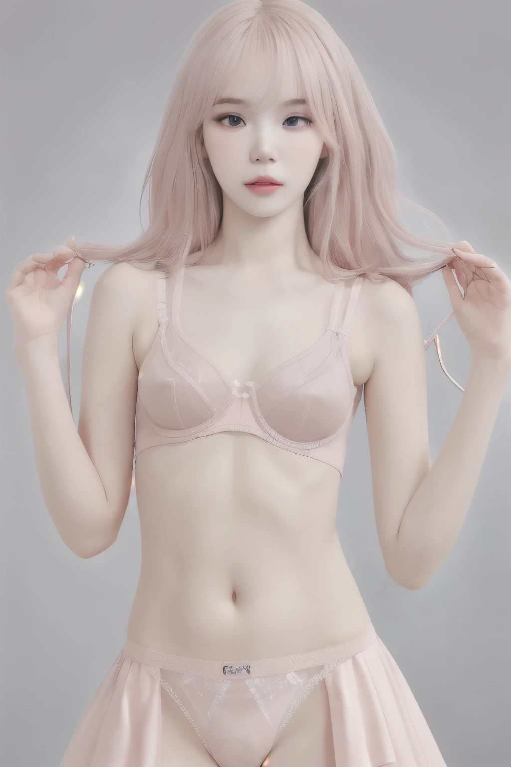 pink silver haired girl, long hair wearing a pale pink dress, fine details,girls frontline, artwork in the style of guweiz, trending on cgstation, from girls frontline, Guweiz, ig model,artgerm, trending at cgstation, by Yang J,photorealistic anime girl render,Slim figure,Are thin,Flat Chest,Small Bust,Small waist,Slim legs and thighs,(Beautiful nipples),(Flat Chest),(Small Ass),(Thin string underwear),Pale pink underwear, vivid colors,Maximum number of pixels,photo quality images,Kim Chaewon of Le Sserafim herself,(((Flat Chest))),(Slender full-body silhouette),(Beautiful nipples),Increase the saturation,