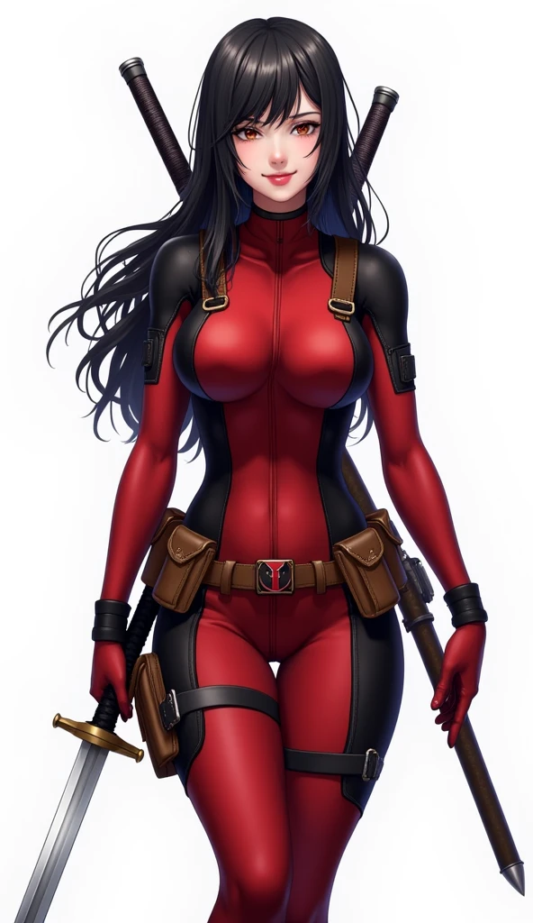 (((Perfect body,White and tender skin,(((BodySuit_lady_deadpool_ownwaifu,bodysuit, skin tight, superhero, Belt Pouch, utility belt, red bodysuit, gloves, weapon on back, thigh pouch, thigh strap, thigh holster, belt buckle, turtleneck, ))),(((ailisha,Black long hair, super long hair, slanted bangs, brown eyes, red lips))),((masterpiece)),high resolution, ((Best quality at best)),masterpiece,quality,Best quality,((( Exquisite facial features,Looking at the audience,There is light in the eyes,Smile))),whole body, Crouch and swing the sword, Hold the sword correctly))),(((Light and shadow,Huge breasts,))),(((Looking at the camera,White background,)))),