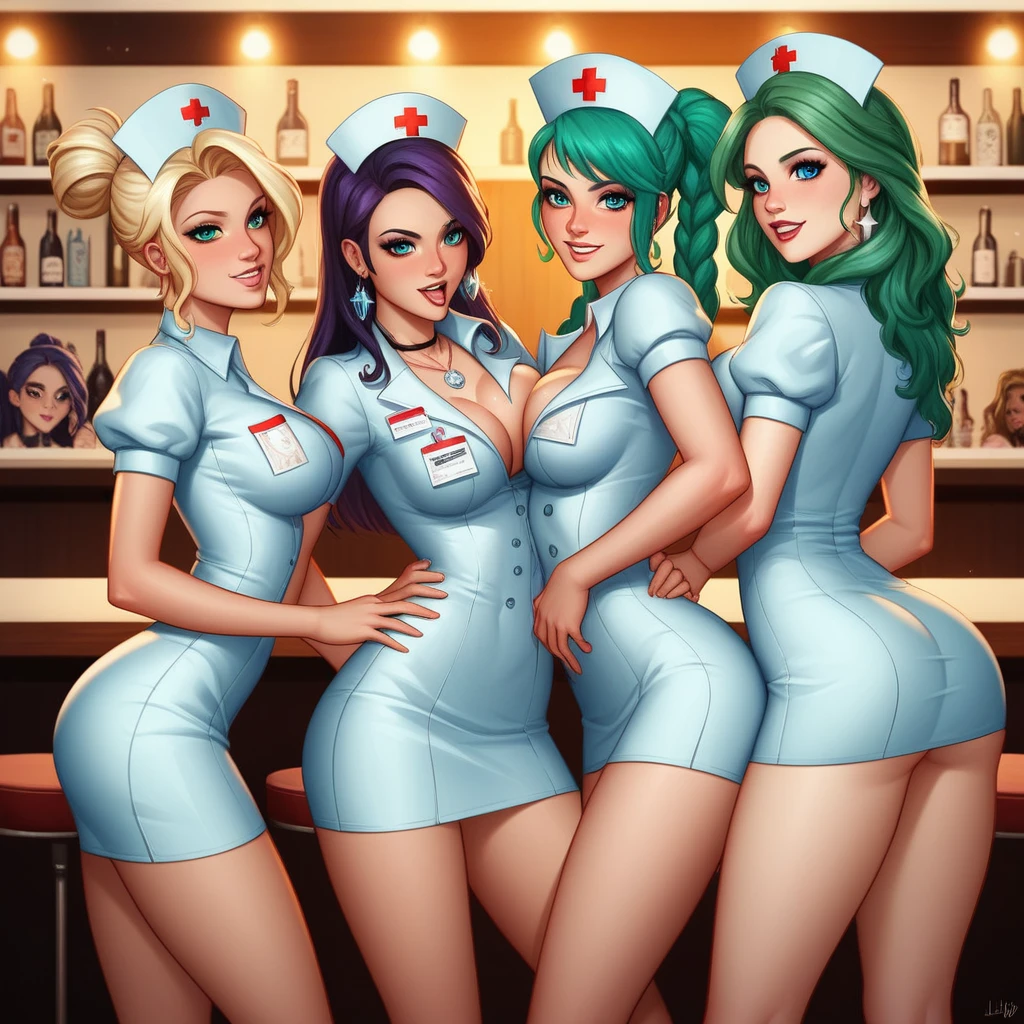 5 women Vin, Naz, Jae, Indi and Maya, the enticing scene of the "Anal Club" meeting no 5, where a quaint, dimly lit bar is the stage for an erotic evening of playful debauchery. The walls are adorned with vintage posters, and a mellow bossa nova melody serenades the air. In the spotlight are Vin, Naz, Jae, Indi, and Maya, five striking women dressed in scandalously short nurse's uniforms that leave little to the imagination. Vin, with her piercing blue eyes and green hair styled in middle-parted double braids, stands at the bar with Naz, whose green eyes sparkle mischievously under the soft glow of pendant lights. Both kneel on the counter, their barely covered derrières teasingly aimed towards the entrance. Indi and Maya, their hair styled in asymmetrical bobs, one black and one blue, are eagerly engaging in an intimate display of affection, tenderly licking Vin and Naz's asses.