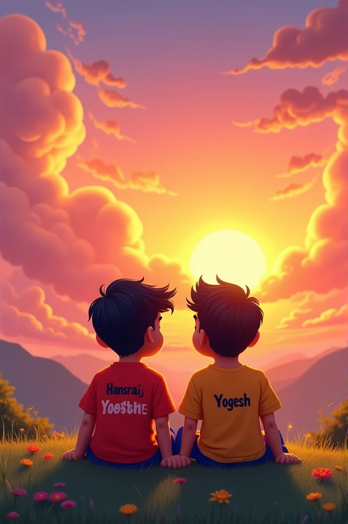 2 friends siting on the grass enjoying the view of sunset, one boy name "HANSRAJ" written on the shirt and another boy name "YOGESH" written on the t shirt 2d cartoon behind the cartoon best friend