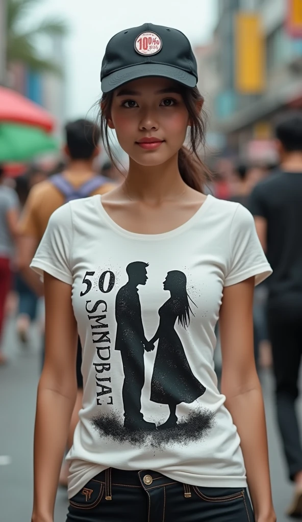 A beautiful Indonesian girl, wearing a t-shirt with a strong vector design featuring a silhouette image of a naked couple having sex in black colour. The sentence "50 EWU SAKPUASE" is displayed with bold and distressed typography pastel tone, The round pin stuck in the middle of the zumba cup hats reads "(90% OFF)", tied-up hair, in a public place, surrounded by many men, large and sexy breasts, the pantiens reads "(OBRAL)" underwear, with a shooting angle from the front, very realistic, (complex detail: 0. 9), (hdr, hyperdetail: 1.2), RAW, Sony Alpha a9 II, 24-105mm f/4, HDR,