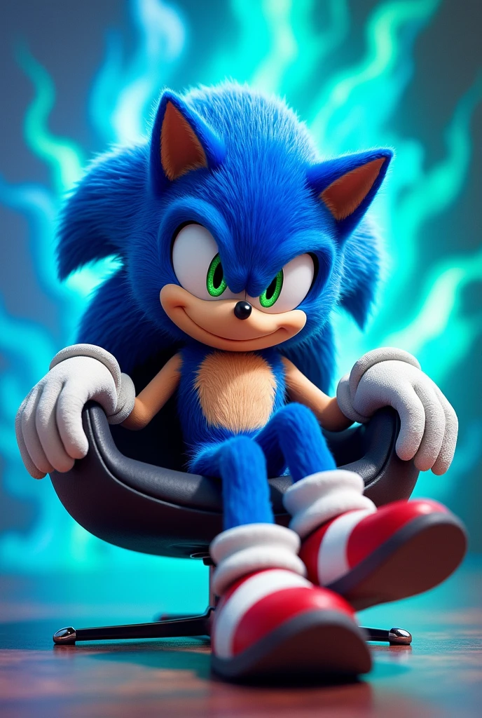 Sonic the hedgehog , solo, looking at viewer, smile, 1boy, full body, sitting on chair, looking at viewer crossing his legs