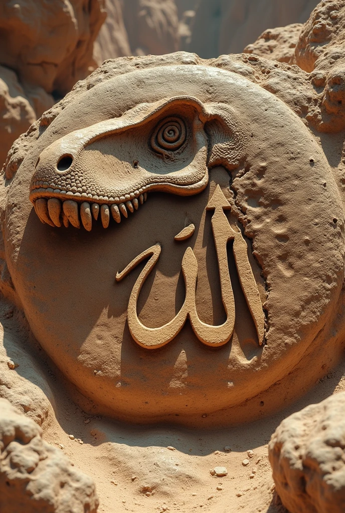 Create an image of a Tyrannosaurus rex fossil. Overlay the fossil with a clear depiction of the Allah symbol, ensuring the symbol is prominently visible on the fossil make bit old like 3b years and make allah symbol as imprint on the fossil mud symbol also in mub color add Allah mark