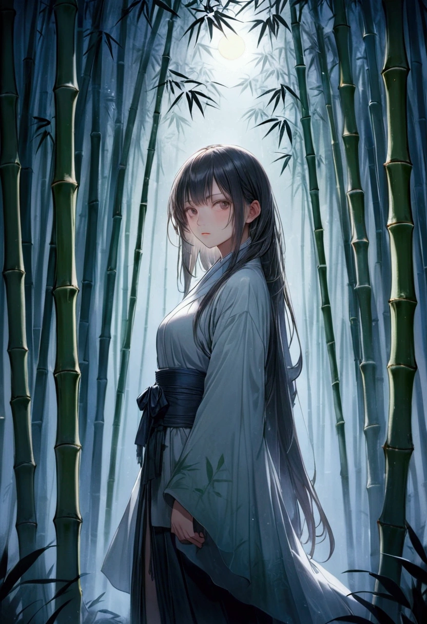 A bamboo forest shrouded in night mist, illuminated by the soft moonlight, A female spirit stares at us from the shadows of the bamboo forest.