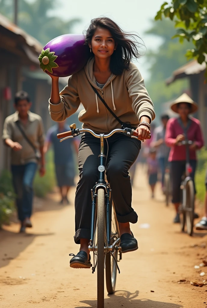 A beautiful Indonesian woman, loose hair, wear a hoodie and wear long pants, wearing black shoes, riding a bicycle while carrying a giant eggplant on his shoulder, Hold the thing with your left hand., on the village streets, Many people, minim diffect, ultra details