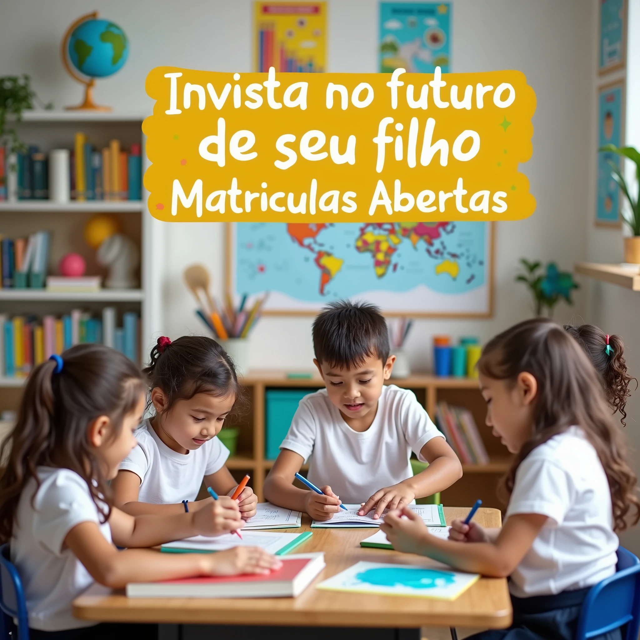 Create an inspiring and engaging image that conveys the idea of investing in children's futures. The image should represent a welcoming and positive educational environment. Include a vibrant classroom environment where 6-year-olds are actively engaged in educational activities such as reading, science, or art. Add elements that suggest growth and the future, like books, globes, and progress charts. The text “Invista no futuro do seu filho: Matrículas Abertas” should be prominently displayed, perhaps on a banner or poster, in a friendly, attractive font. Use vibrant colors and an upbeat atmosphere to convey a sense of excitement and opportunity. Children need to be in school uniform with a white t-shirt and navy blue pants.