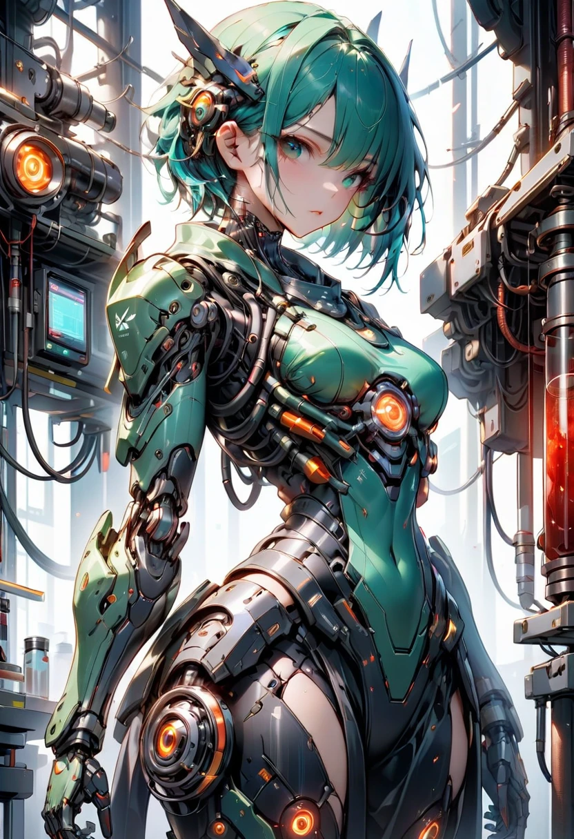 (Cyborg ninja girl is undergoing maintenance in the lab:1.5), beautiful human face, shaggy short hair, Light reflects off the artificial eyeballs, Some machine parts are visible, Parts damaged by combat, A large number of cables and cylinders and metal Frame are embedded in the body, where some of the skin has been torn away to expose the internal mechanical parts, The beautiful mechanical body is depicted in a beautiful and realistic way right down to the neck, (Large numbers of emerald blue thin vascular-like tubes and black carbon cables connect the body and medical machines:1.4), Wearing torn traditional Japanese ninja costumes, (finely detailed beautiful eyes: 1.2), 
Laboratory with state-of-the-art equipment, artificial blood in large tanks, Many large cables and pipes, 
((best quality: 1.2, very detailed, ultra-high resolution, absurdres: 1.3, highres: 1.3, masterpiece: 1.2, top quality, best aesthetic, fine texture, perfect lighting: 1.2, best shadow, sharp focus: 1.3, high contrast, high color saturation)), (anatomically correct, perfect hands: 1.2), (professional photography:1.2), cowboy shot, cinematic lighting, physically based rendering, cowboy shot, anime style, cyborg style, mecha, 