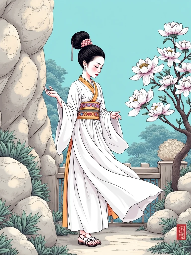 Line painting,Yunnan,Recolored,Master,Ding Shaoguang,Boutique,A girl with regular and pretty features,in minority dress,Standing next to the rockery,Body dynamic posture,Behind him are white peony flowers in full bloom。Blue sky, Monotonous color,The character shape is exaggerated,Simple lines,High color contrast, Higher quality, High Detail, Ultra-high resolution, Decorative painting style,8k