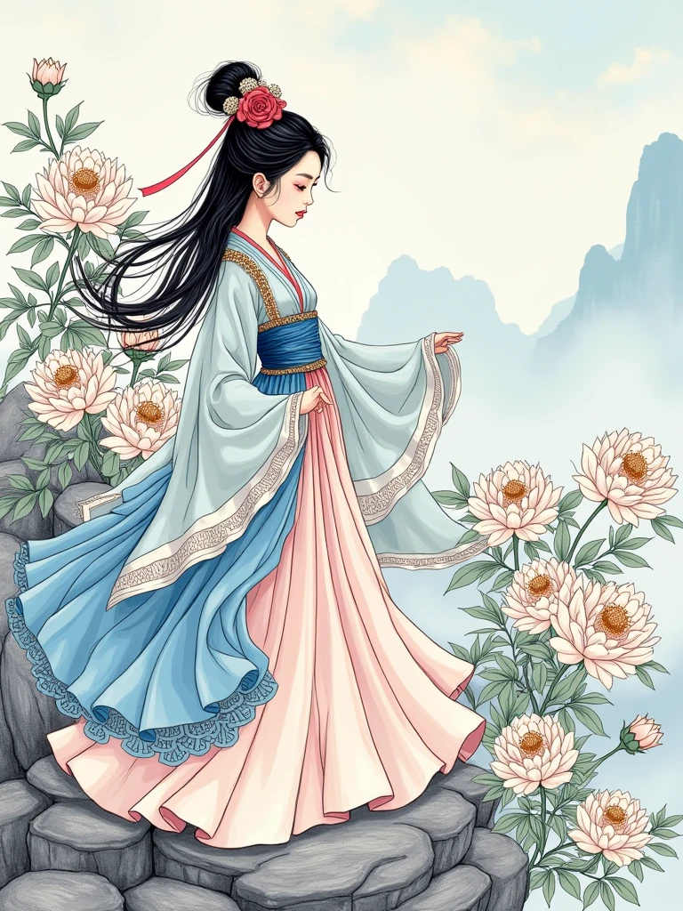 Line painting，Yunnan，Recolored，Master，Ding Shaoguang，Boutique，A girl with regular and pretty features，in minority dress，Standing next to the rockery，Body dynamic posture，Behind him are white peony flowers in full bloom。Blue sky， Monotonous color，The character shape is exaggerated，Simple lines，High color contrast， Higher quality， High Detail， Ultra-high resolution， Decorative painting style，8k