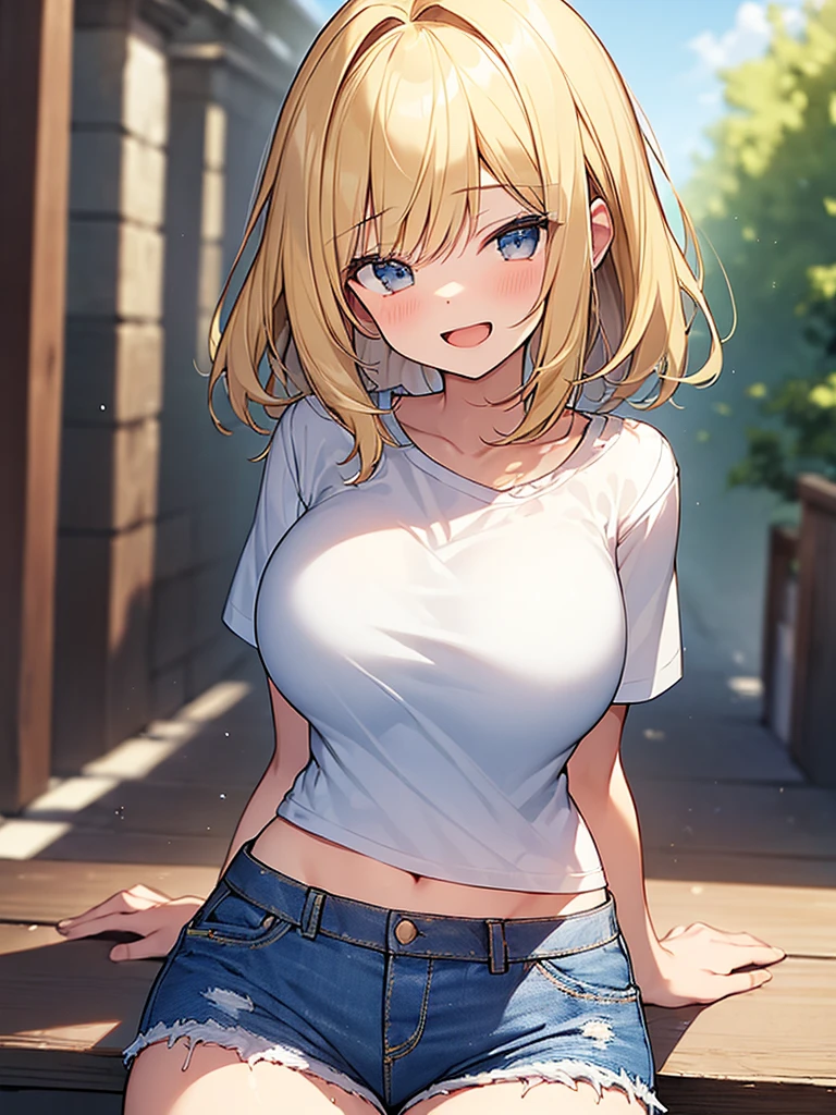 (Masterpiece, Top quality:1.5), (dynamic angle:1.2), (1 beautiful girl, solo:1.2), sitting, (Blonde hair:1.3), single braid, short Hair, wavy Hair, asymmetry bangs, swept bangs, (large breasts:1.2), 14 year old, (over size T-shirt, raw denim shorts:1.3), smile:1.3, blush:1.4, beautiful scene of narrow alley, magnificent panorama view, blurry background ,open mouth
