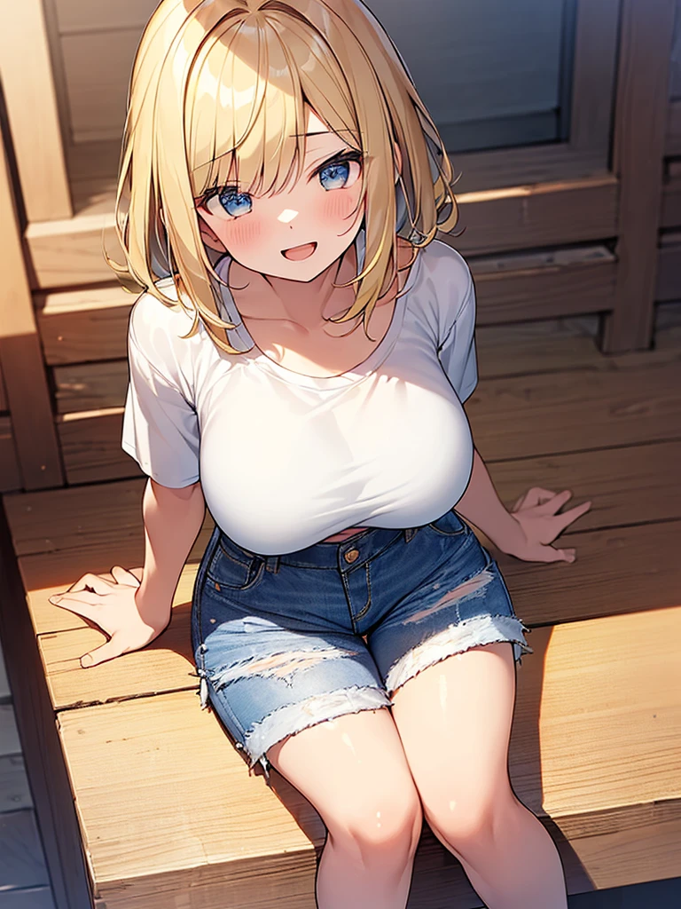 (Masterpiece, Top quality:1.5), (dynamic angle:1.2), (1 beautiful girl, solo:1.2), sitting, (Blonde hair:1.3), single braid, short Hair, wavy Hair, asymmetry bangs, swept bangs, (large breasts:1.2), 14 year old, (over size T-shirt, raw denim shorts:1.3), smile:1.3, blush:1.4, beautiful scene of narrow alley, magnificent panorama view, blurry background ,open mouth