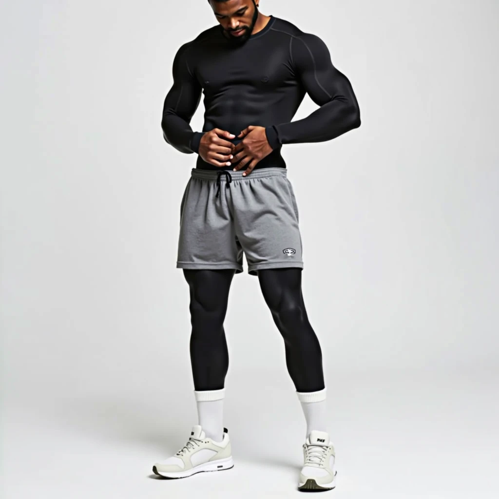 Best image quality, Ultra-high resolution, photograph,1 male,Muscular,Long legs,Are standing,Grey knee-length sweat shorts,Black long-sleeve compression shirt,Black long tights,White socks that come down to mid-calf,White sneakers,Touching the crotch with your hand