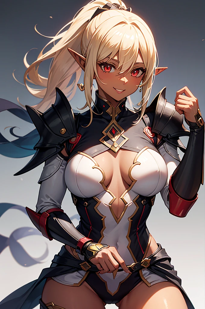 Beautiful images,Detailed Images,Official image,(Background of the base),One Woman,Blonde,Red Eyes,Ponytail Hair,Model body type,(Dark Skin:1.3),Elf Ears,Large Breasts,(Bioarmor:1.3),Smile small,